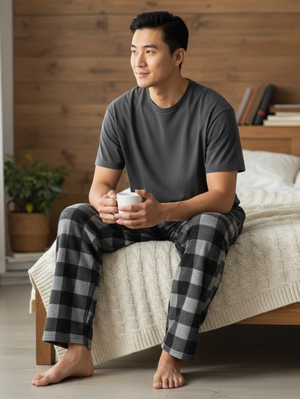 Columbia Plaid Fleece Pajamas L Gray Black No Cord